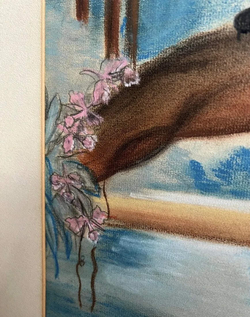 Mid 20th Century Modern Animal Scene Chalk Drawing with Panther and Cranes, Framed - 9
