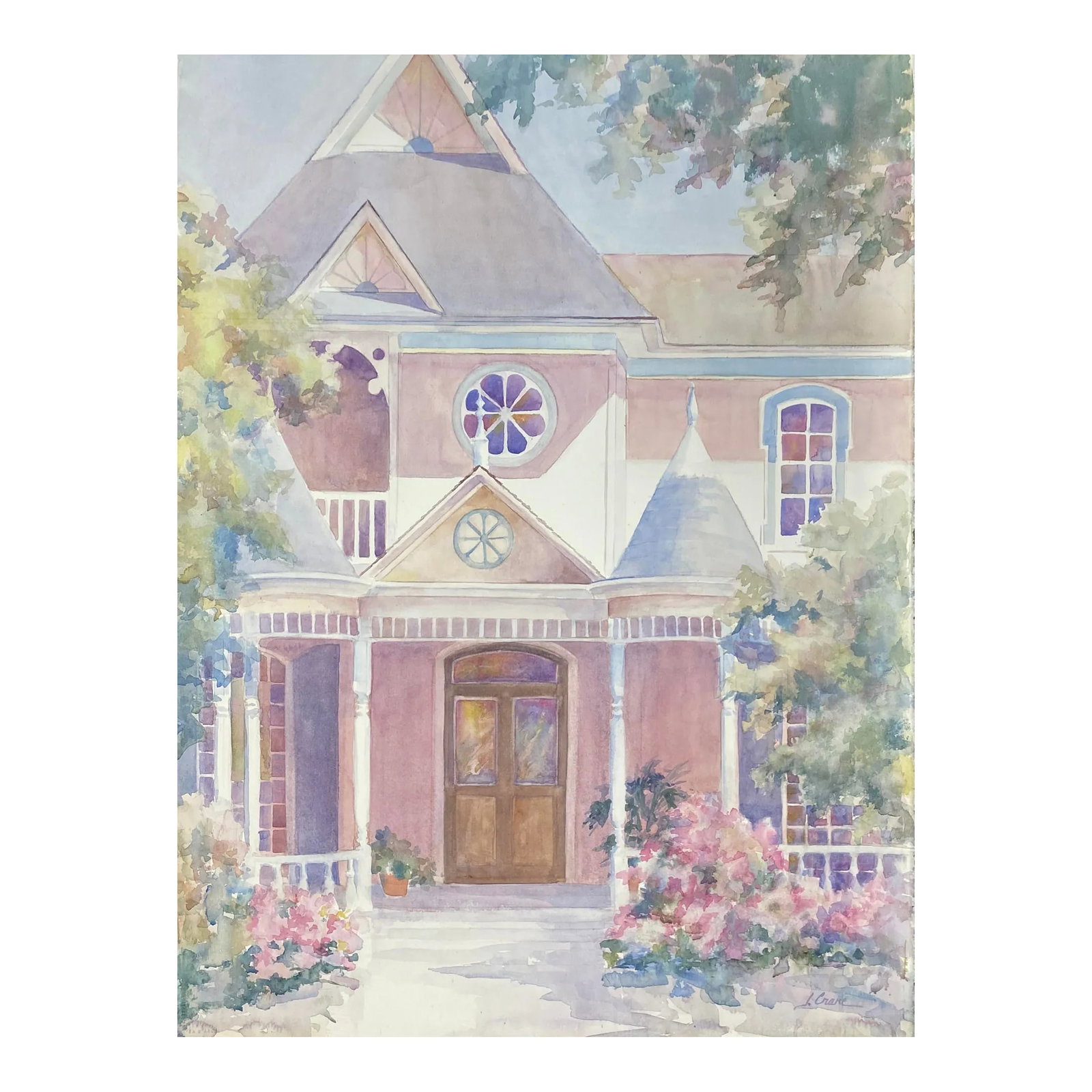Judy Crane Victorian House Watercolor: Large scale watercolor of a Victorian house by Raleigh, North Carolina base artist Judy Crane. Watercolor on heavy watercolor paper, signed lower right. Condition: Alterations: Original Condition