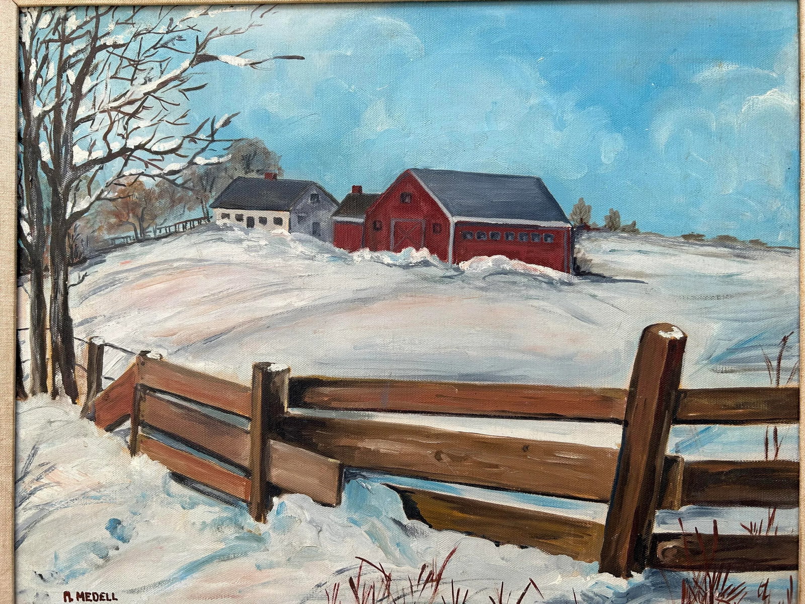Snowy Meadow Farm Scene Folk Art Landscape Painting Oil on Canvas Signed Mid 20th Century - 12