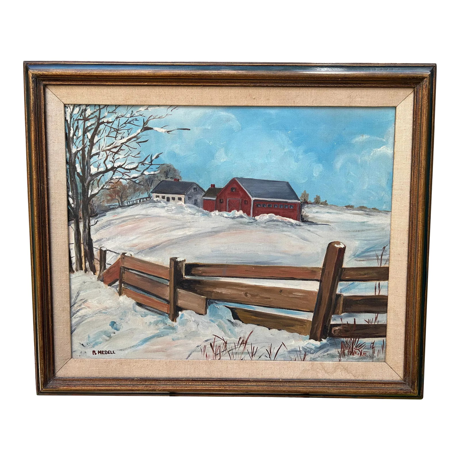 Snowy Meadow Farm Scene Folk Art Landscape Painting Oil on Canvas Signed Mid 20th Century: Lovely Snowy Meadow Farm Scene Landscape Oil on Canvas Signed Mid 20th Century Nice folk art feel to this rustic oil on canvas by Texas artist A. Mendell Great colors and composition in this vintage