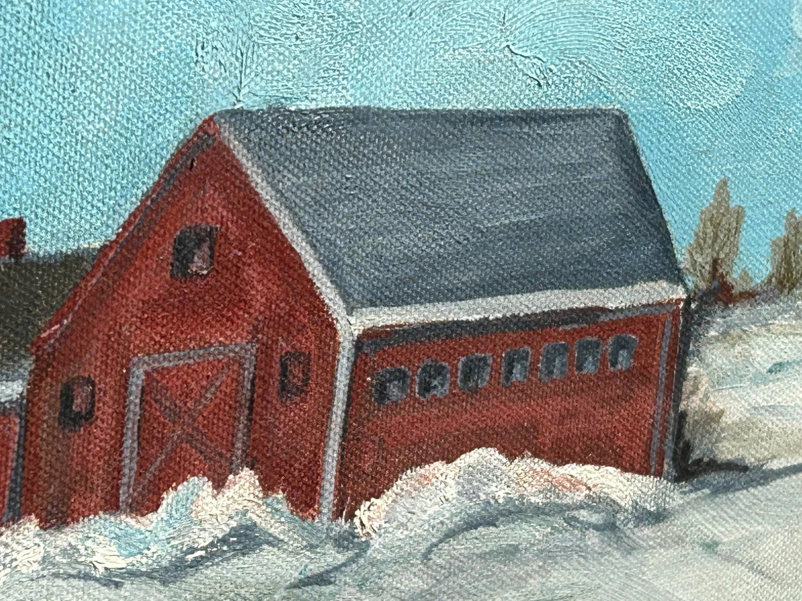 Snowy Meadow Farm Scene Folk Art Landscape Painting Oil on Canvas Signed Mid 20th Century - 2