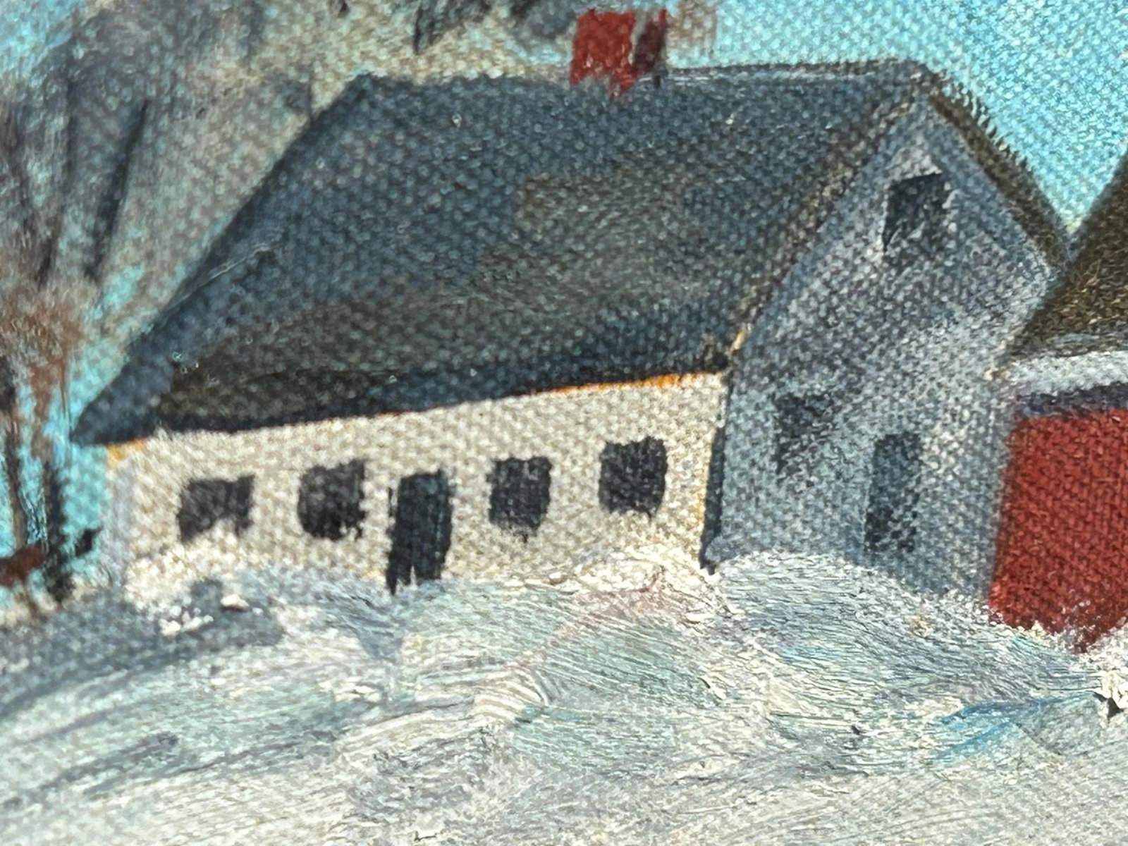 Snowy Meadow Farm Scene Folk Art Landscape Painting Oil on Canvas Signed Mid 20th Century - 4