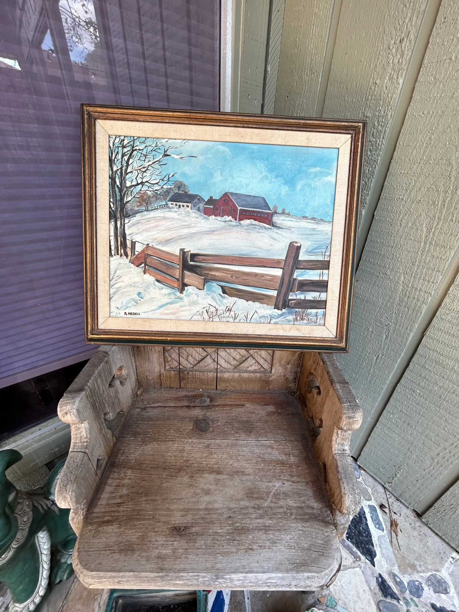 Snowy Meadow Farm Scene Folk Art Landscape Painting Oil on Canvas Signed Mid 20th Century - 5
