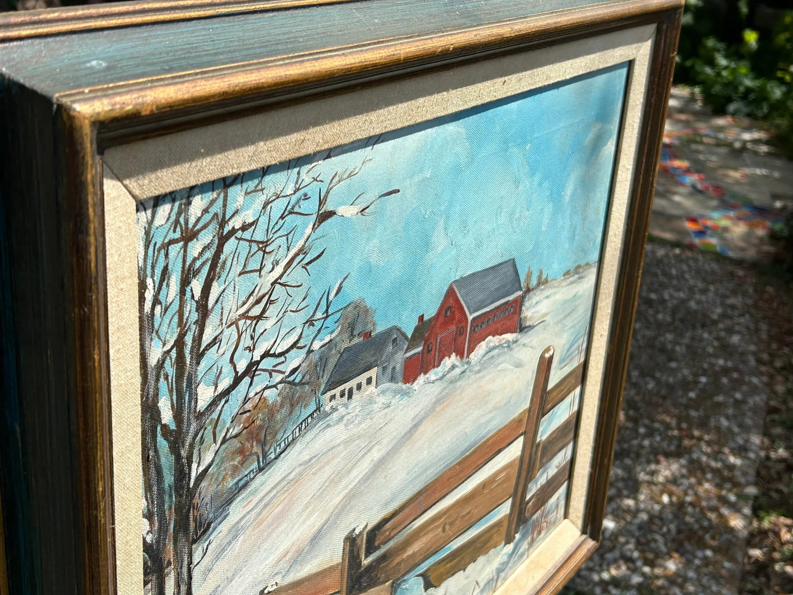 Snowy Meadow Farm Scene Folk Art Landscape Painting Oil on Canvas Signed Mid 20th Century - 7