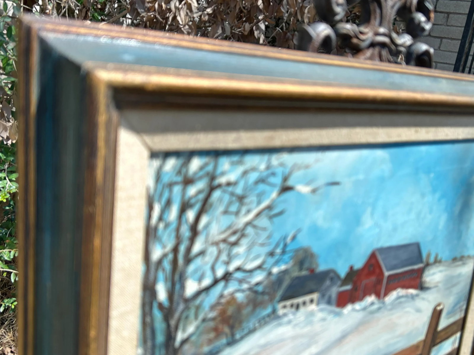 Snowy Meadow Farm Scene Folk Art Landscape Painting Oil on Canvas Signed Mid 20th Century - 8