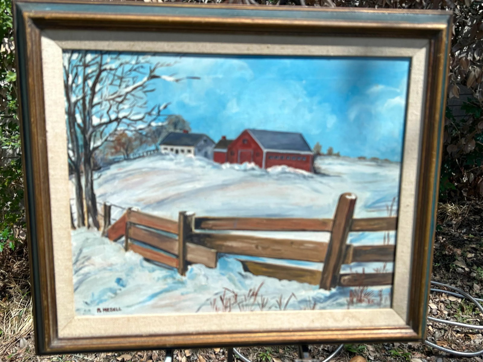 Snowy Meadow Farm Scene Folk Art Landscape Painting Oil on Canvas Signed Mid 20th Century - 9