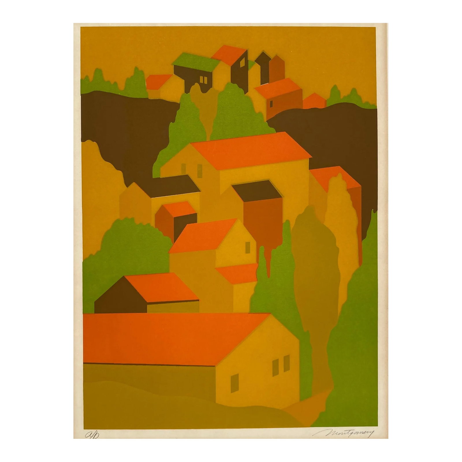 1970s Bob Montgomery Serigraph: 1970s Bob Montgomery (Chicago/California) serigraph in colors. Pencil signed and noted as artist's proof. Condition: Alterations: Original Condition Unaltered Imperfections: Some Imperfections