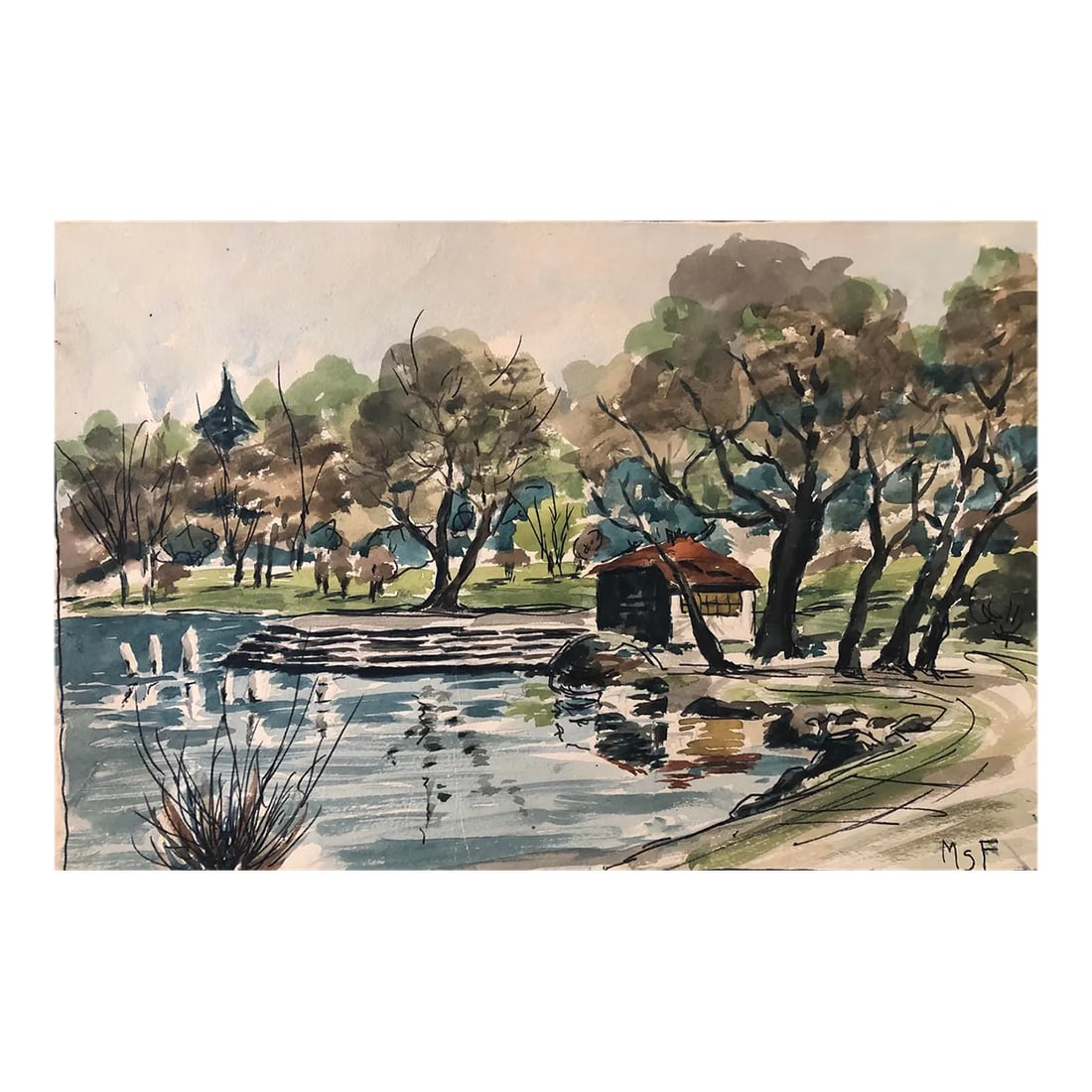 1930s Park Scene Watercolor Landscape Painting: 1930s painting of a park, probably European but possibly American. Signed lower right by an unknown artist. Condition: Alterations: Original Condition Unaltered Imperfections: Some Imperfections