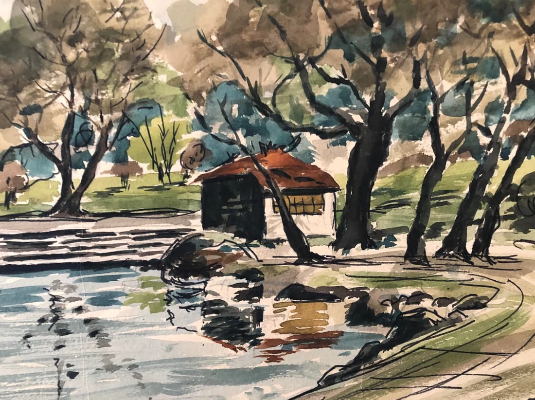 1930s Park Scene Watercolor Landscape Painting - 2