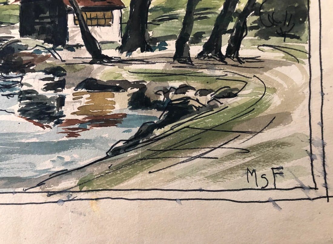 1930s Park Scene Watercolor Landscape Painting - 3