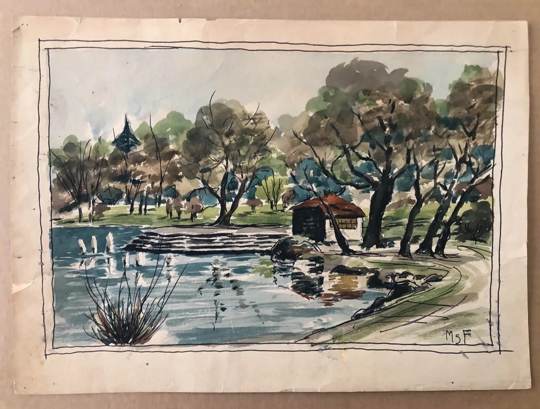 1930s Park Scene Watercolor Landscape Painting - 4