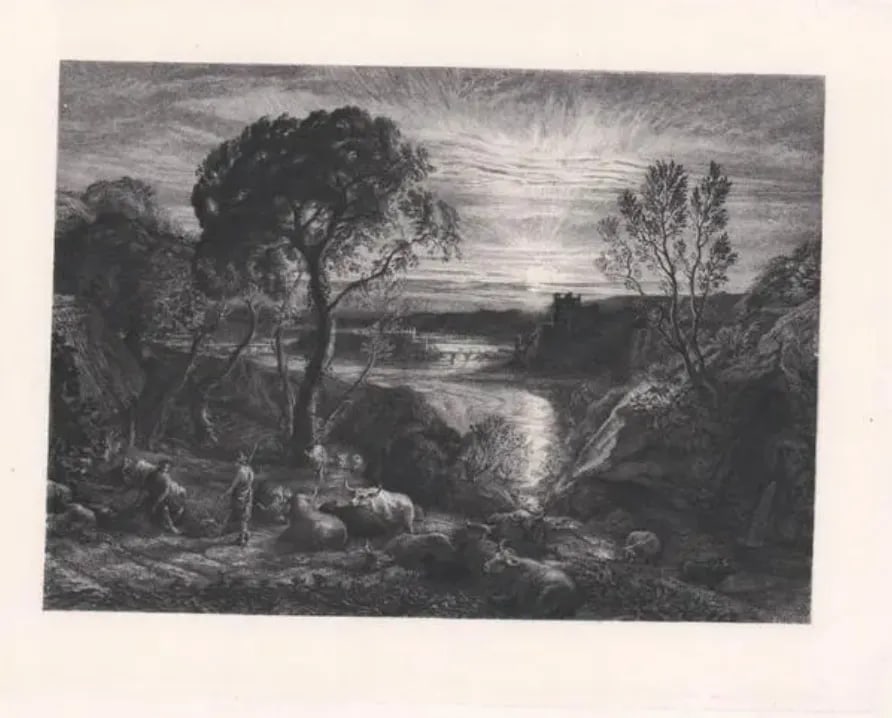 1883 Samuel Palmer Engraving of Watercolor From Eclogues of Virgil: Samuel Palmer (1805-1881). Engraving from an English wersion of the Eclogues of Virgil. London: Seeley & Company, 1883. Pencil notations lower margin. Condition: Alterations: Original Condition