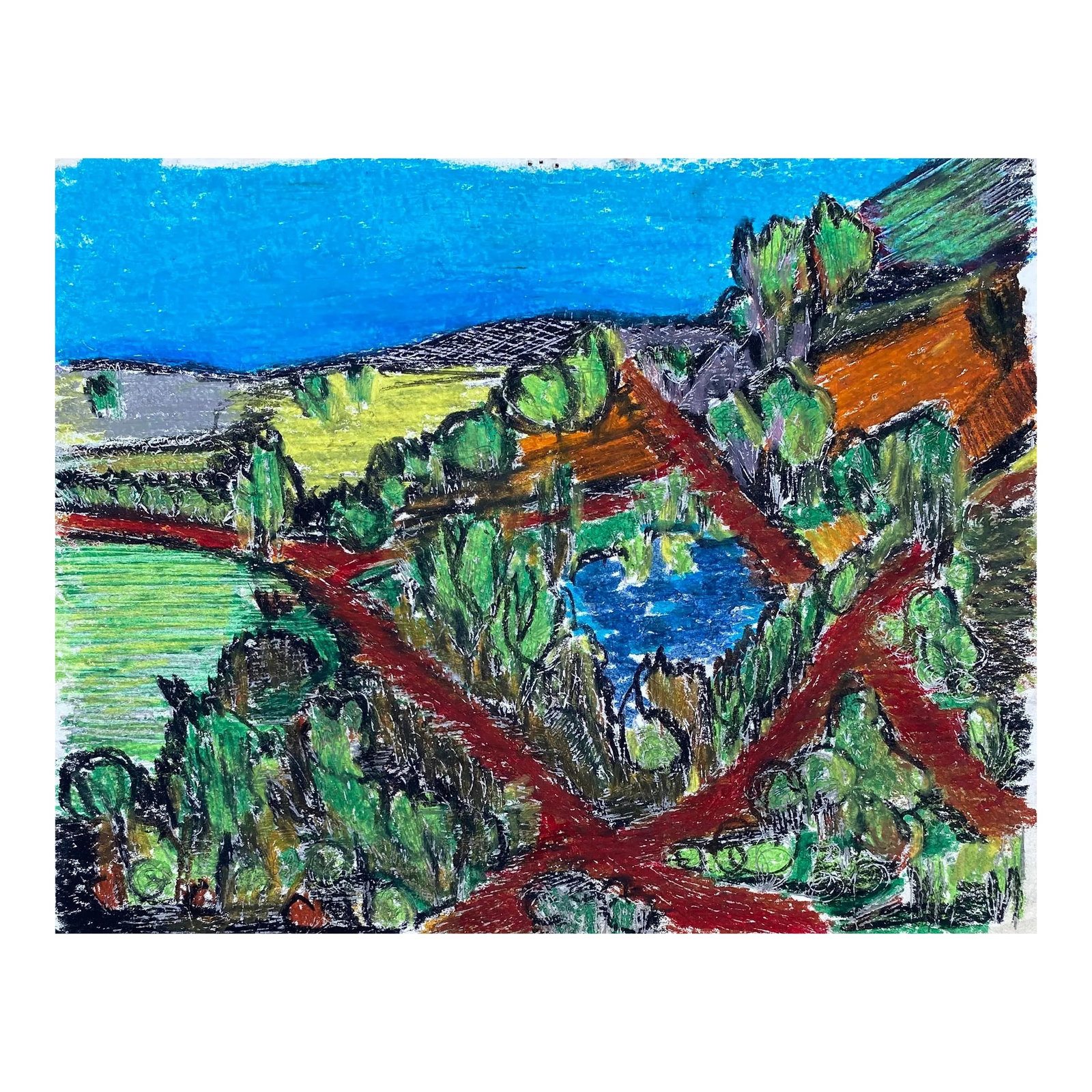1960s Larry Connatser Landscape Oil Pastel: Oil pastel on paper landscape from the estate of Atlanta self taught artist Laurence Stuart Connatser (1938-1996). Connatser was born in Birmingham, Alabama and grew up in Atlanta. He earned degree