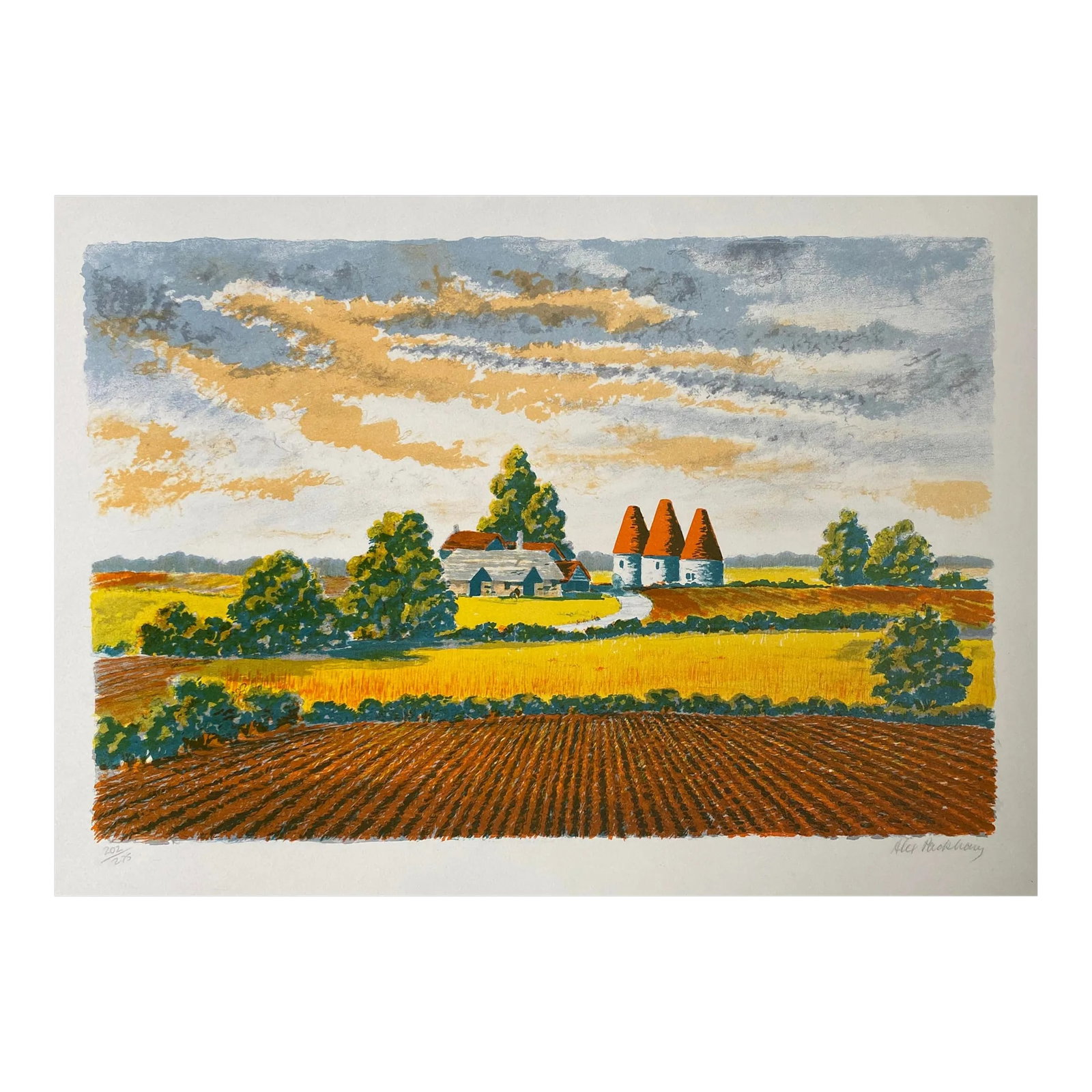 1960s Alex Packham French Landscape Lithograph: Alex Packham (British, born 1914) rustic landscape color lithograph. Pencil signed and numbered 202 of 275. Condition: Alterations: Original Condition Unaltered Imperfections: Some Imperfections Condi