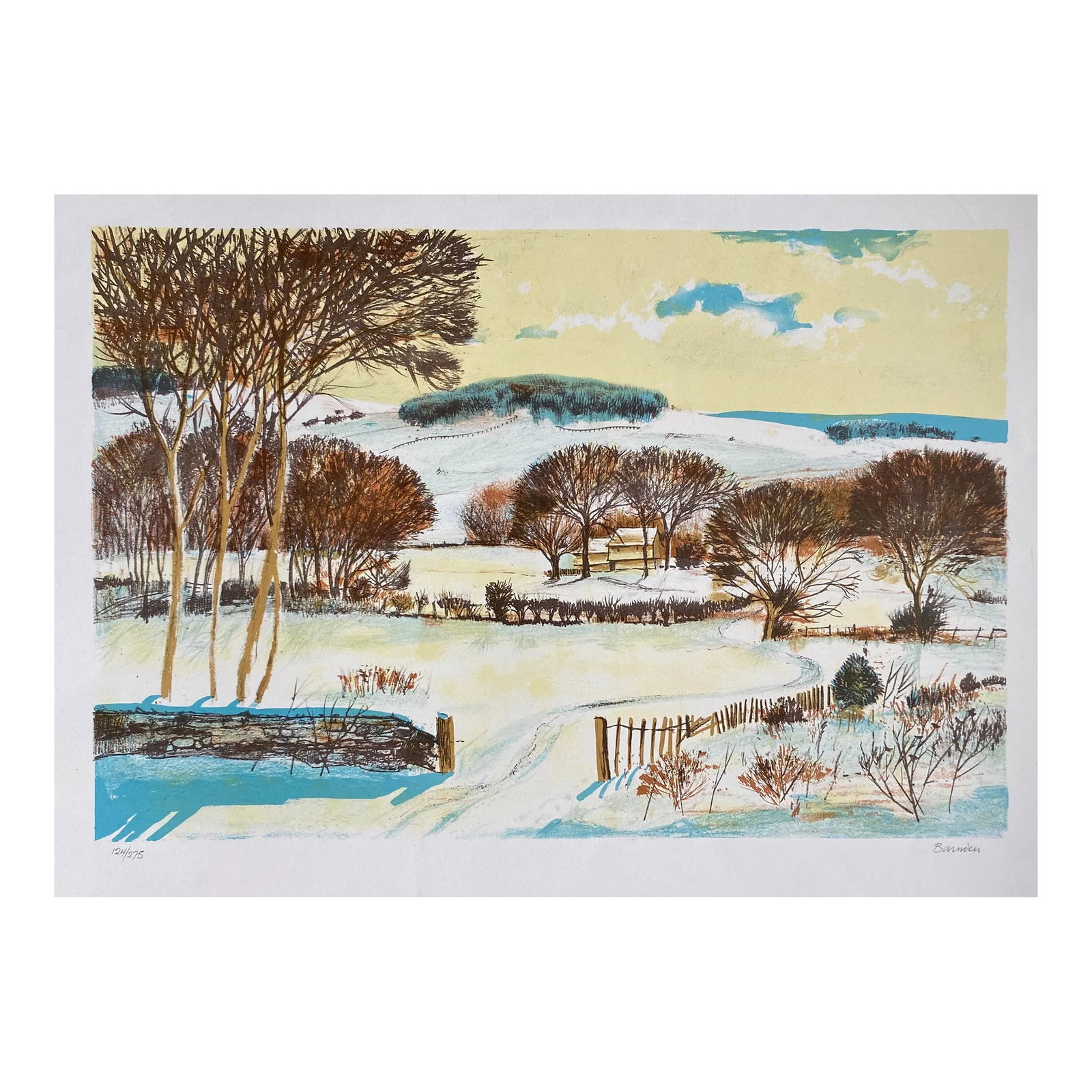 1960s Bruce Barnden Snowy Landscape Lithograph: Bruce Barden (1925-2009) winter lithograph on paper. Pencil signed and numbered 124 of 275. Condition: Alterations: Original Condition Unaltered Imperfections: Some Imperfections Condition Notes: Over