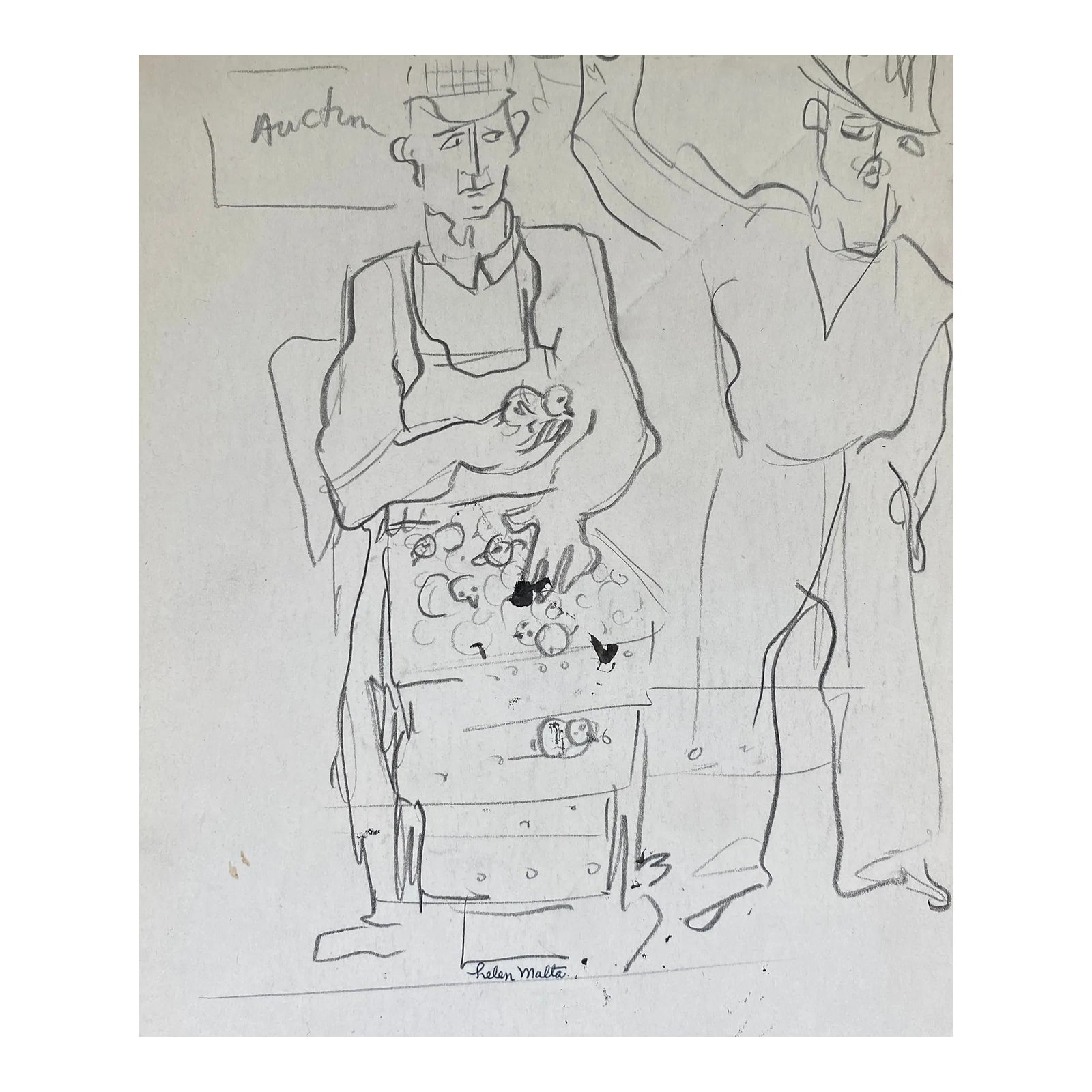 1930s Helen Malta Men With Chicks Baltimore Street Scene.: Helen Wagner Malta (1912-1975) worked in New York City in the 1930s, teaching at the Harlem Art Center and working on the New York branch of the WPA graphics division. The works from her estate