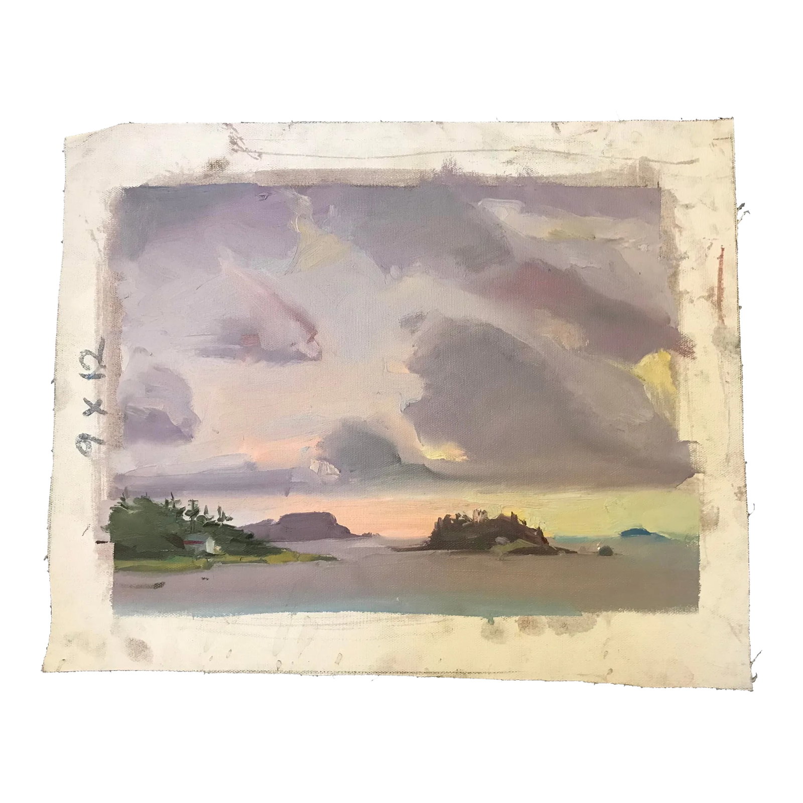 Lone Island Under Purple Skies Original Oil Painting by David Beynon Pena: This original 12" x 9" unstretched oil-on-canvas oil painting by David Beynon Pena was painted on location in Maine on Penobscot Bay. Condition: Alterations: Original Condition Unaltered