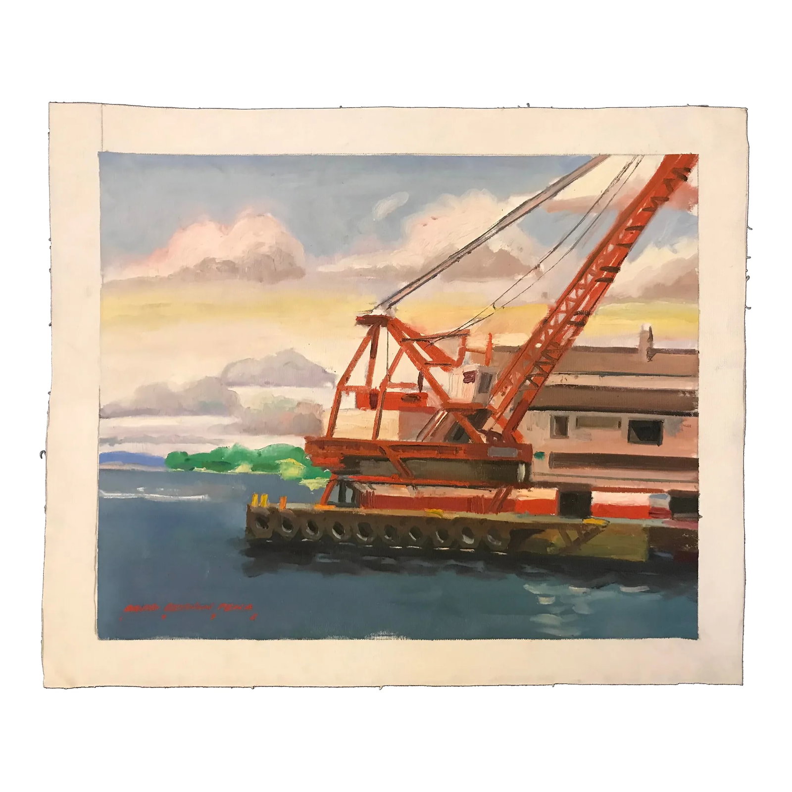 Red Crane in the Boatyard Original Oil Painting: This Bath Boatyard Red Crane original oil painting was painted on location by David Beynon Pena. Condition: Alterations: Original Condition Unaltered Imperfections: Some Imperfections Condition Notes: