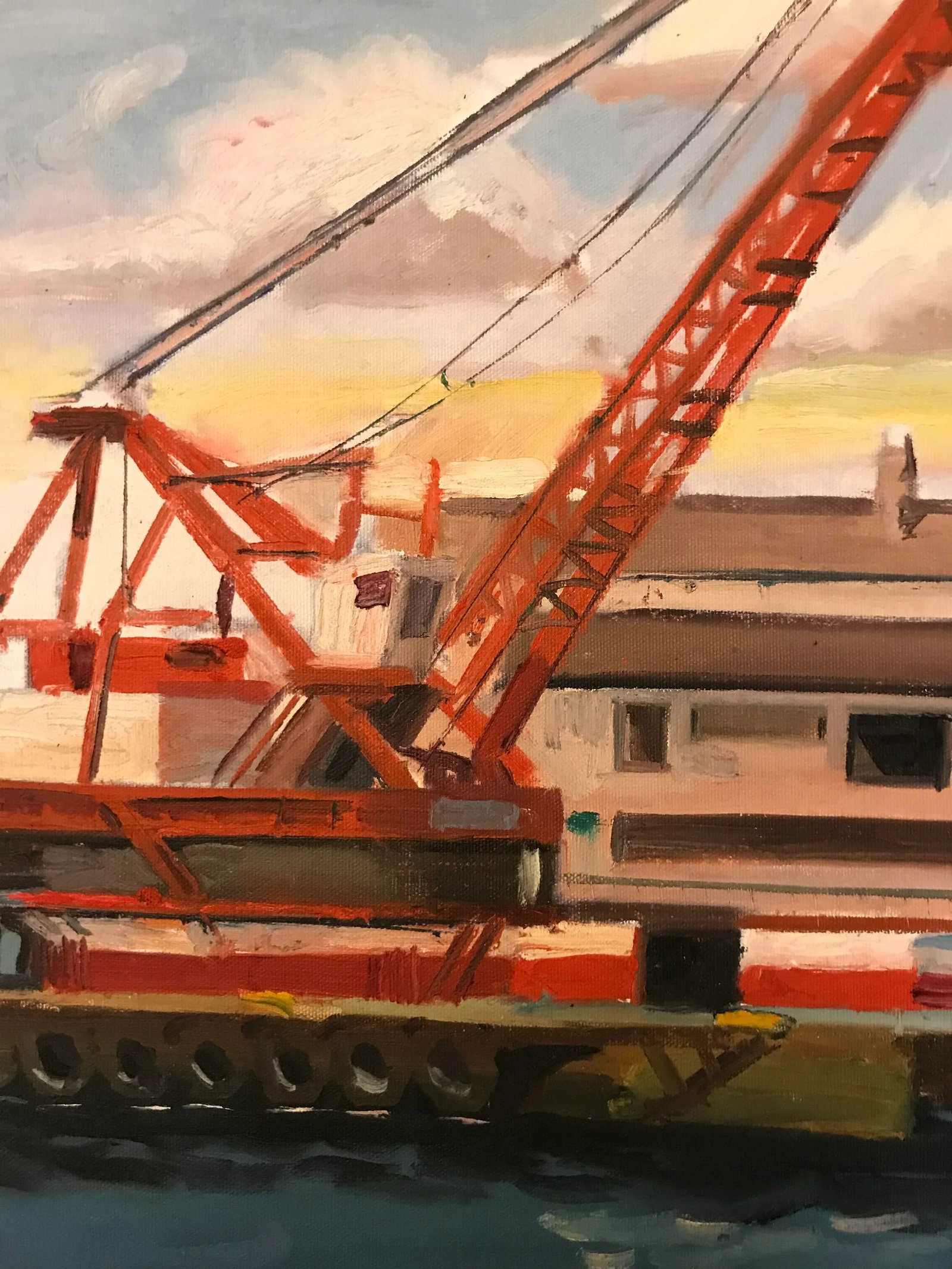 Red Crane in the Boatyard Original Oil Painting - 2