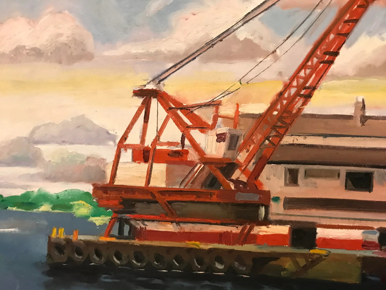 Red Crane in the Boatyard Original Oil Painting - 3