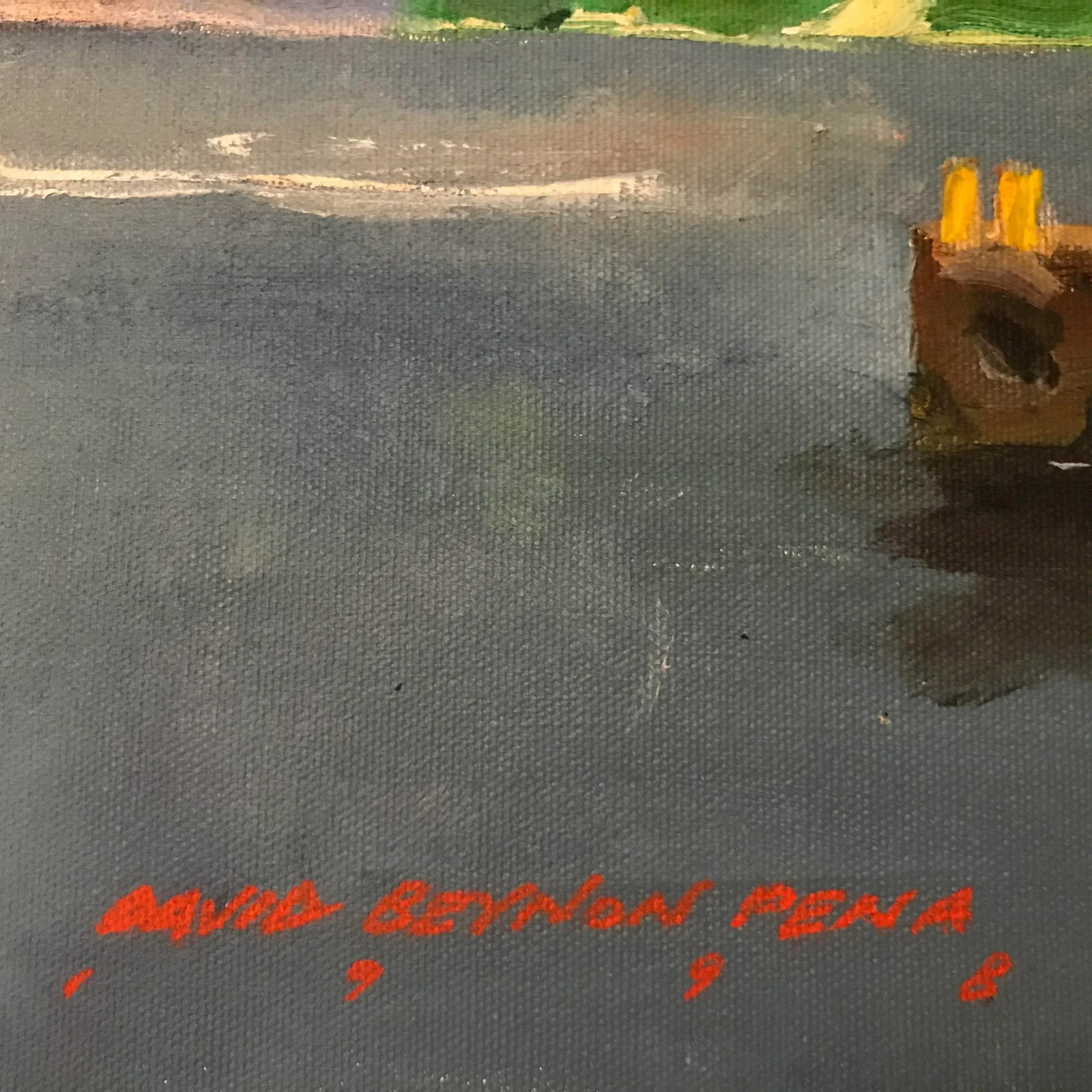 Red Crane in the Boatyard Original Oil Painting - 4