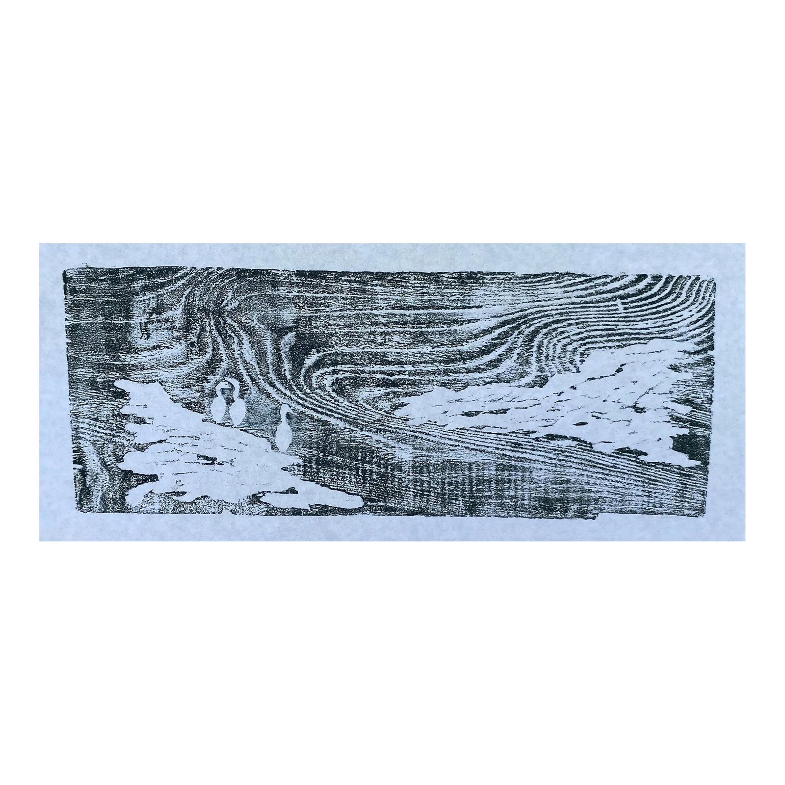 1960s Mid Century Modern Coastal Landscape Woodcut: 1960s woodcut of a coastal landscape with three shore birds. Unsigned. Condition: Alterations: Original Condition Unaltered Imperfections: Some Imperfections Condition Notes: Overall good condition.