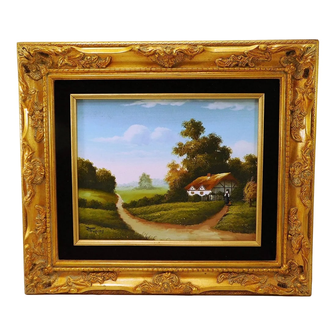 Vintage John Pollins Original Oil on Canvas Painting: Vintage John Pollins Original Oil on Canvas Painting Bucolic Setting of Thatch Cottage in Countryside Beautifully Framed in a Heavy Gold Wood Frame Overall Size: 15.5" Length; 13.5" Height; 1.25"