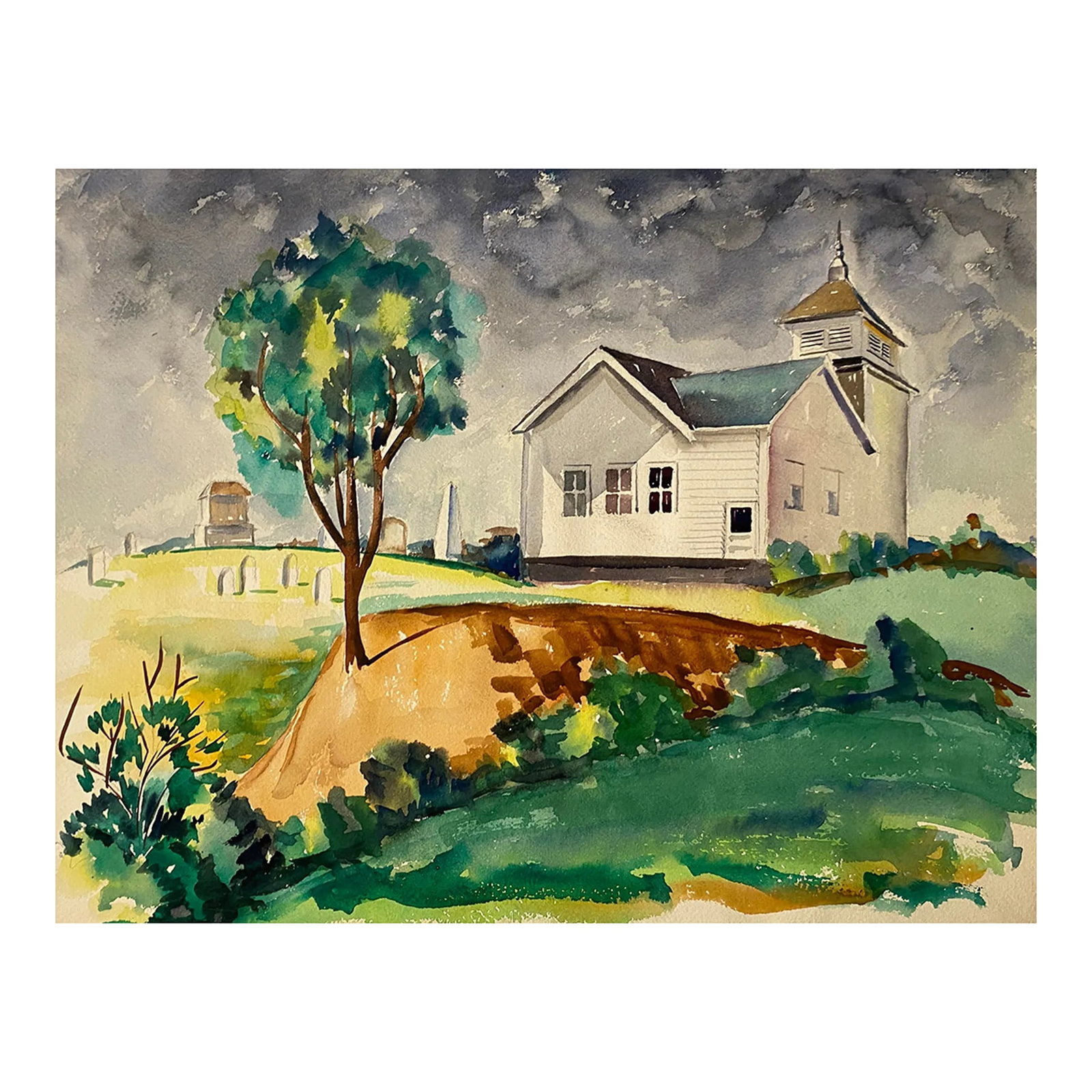 1930s James Wilson Indiana Chruchyard Watercolor: 1930s painting by James Wilson, a student at the James Herron Art Institute (Now Herron School of Art and Design at Indiana University - Perdue University Indianapolis). Not identified at