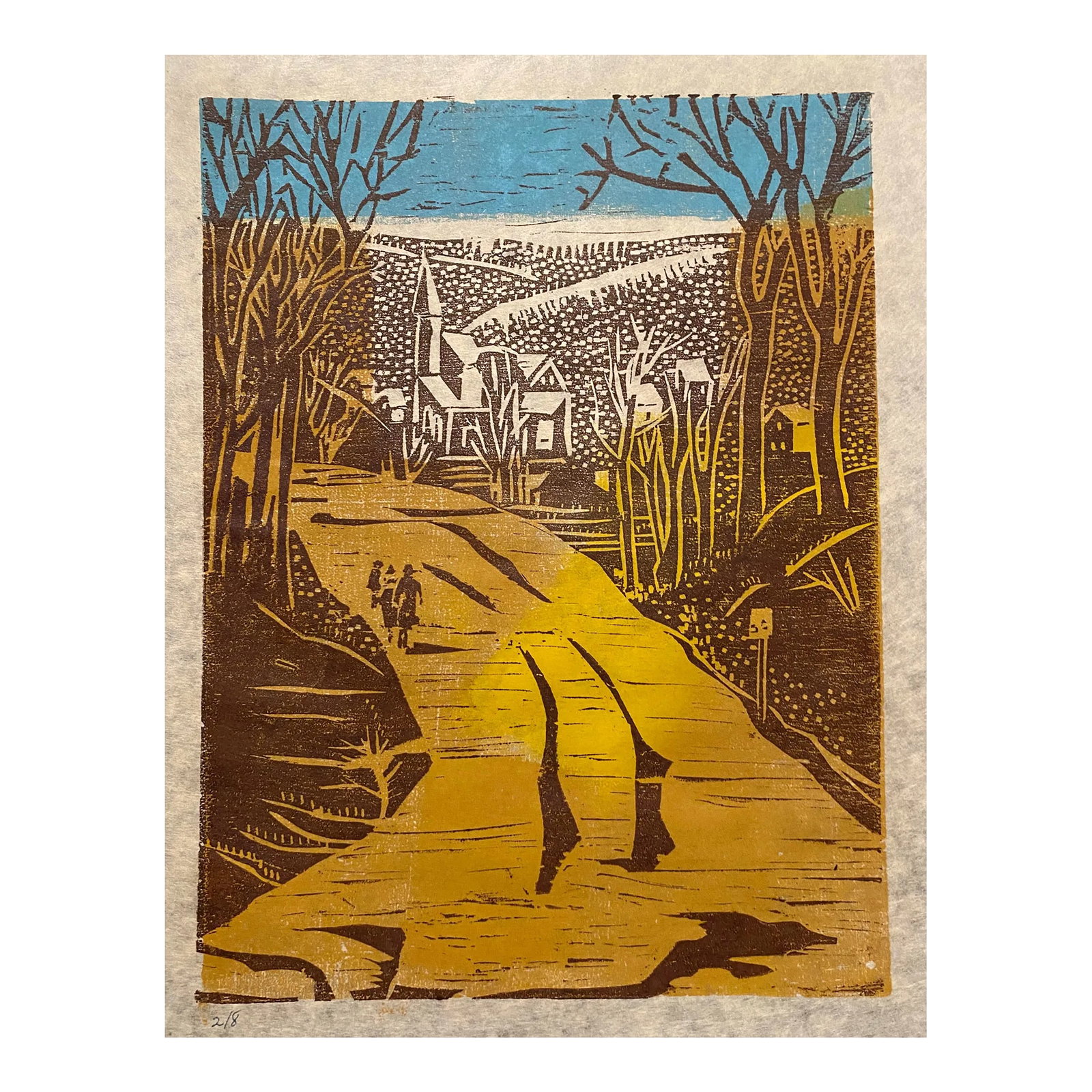 1950s Georgiabelle Clark Village Color Woodblock Print: Georgiabelle Clark (1907 - 1976) unsigned three color woodcut of a village scene. Numbered 2 of 8. Clark was born in Indianapolis, she worked there and in Cincinnati. Condition: Alterations: Original 