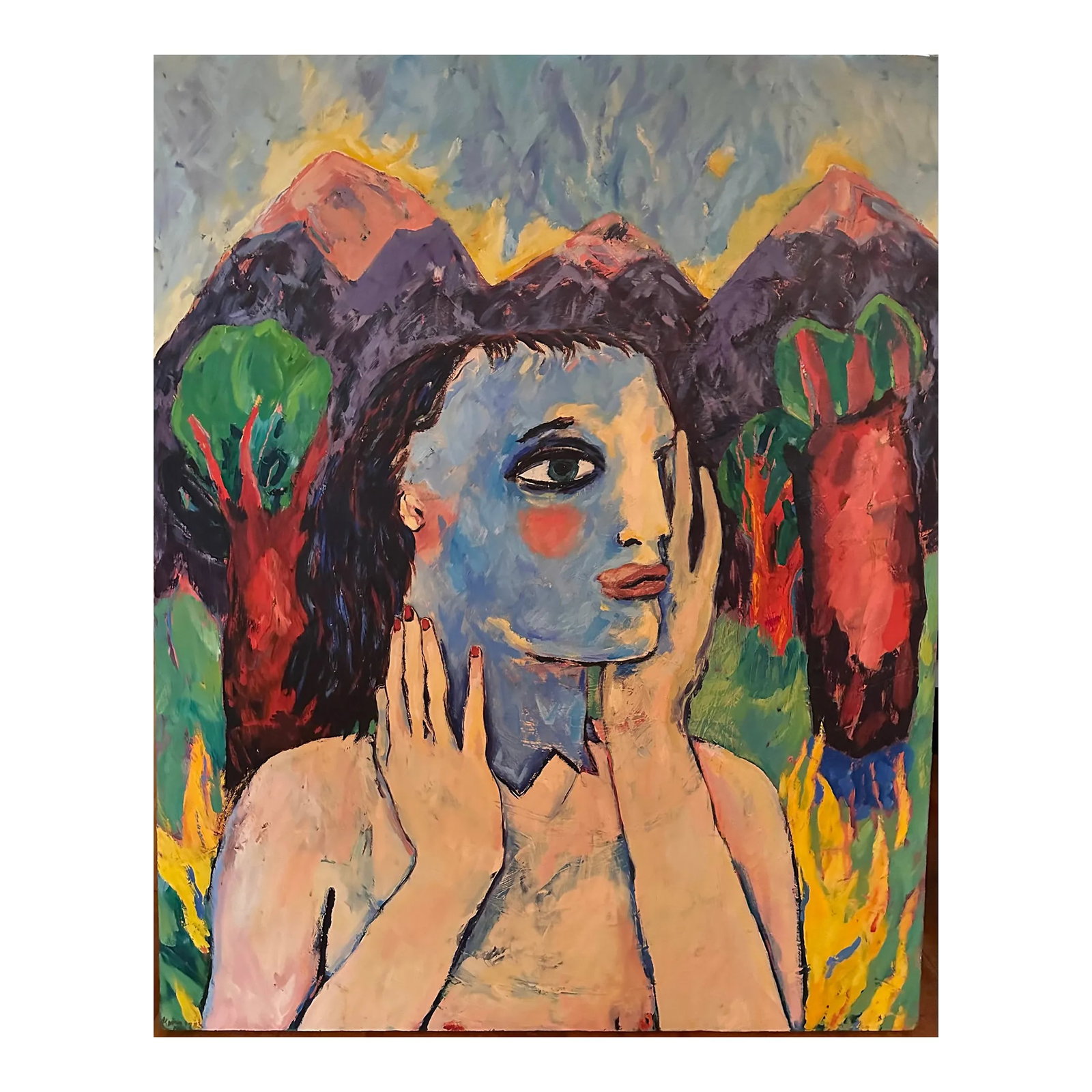 Fauvist Bold and Expressive Neo-Expressionist Painting by Artist Linda King, Dated 1983: Exotic and vibrant color, painterly brush work, dramatically large scale, oil on stretched canvas. Artist: Linda King Signed on lower left corner: King 1983 Purchased from Peter Miller Gallery, Chicag
