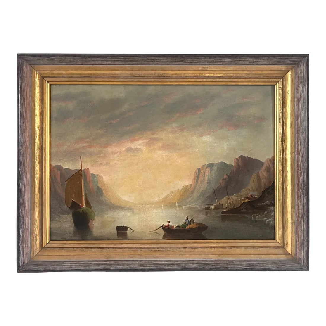 Antique Sunset Maritime Oil Painting: Painted in the style of Joseph Mallord William Turner. Turner was a seminal British painter who painted primarily landscapes and marine paintings. He is most know for his remarkable renderings of fog,