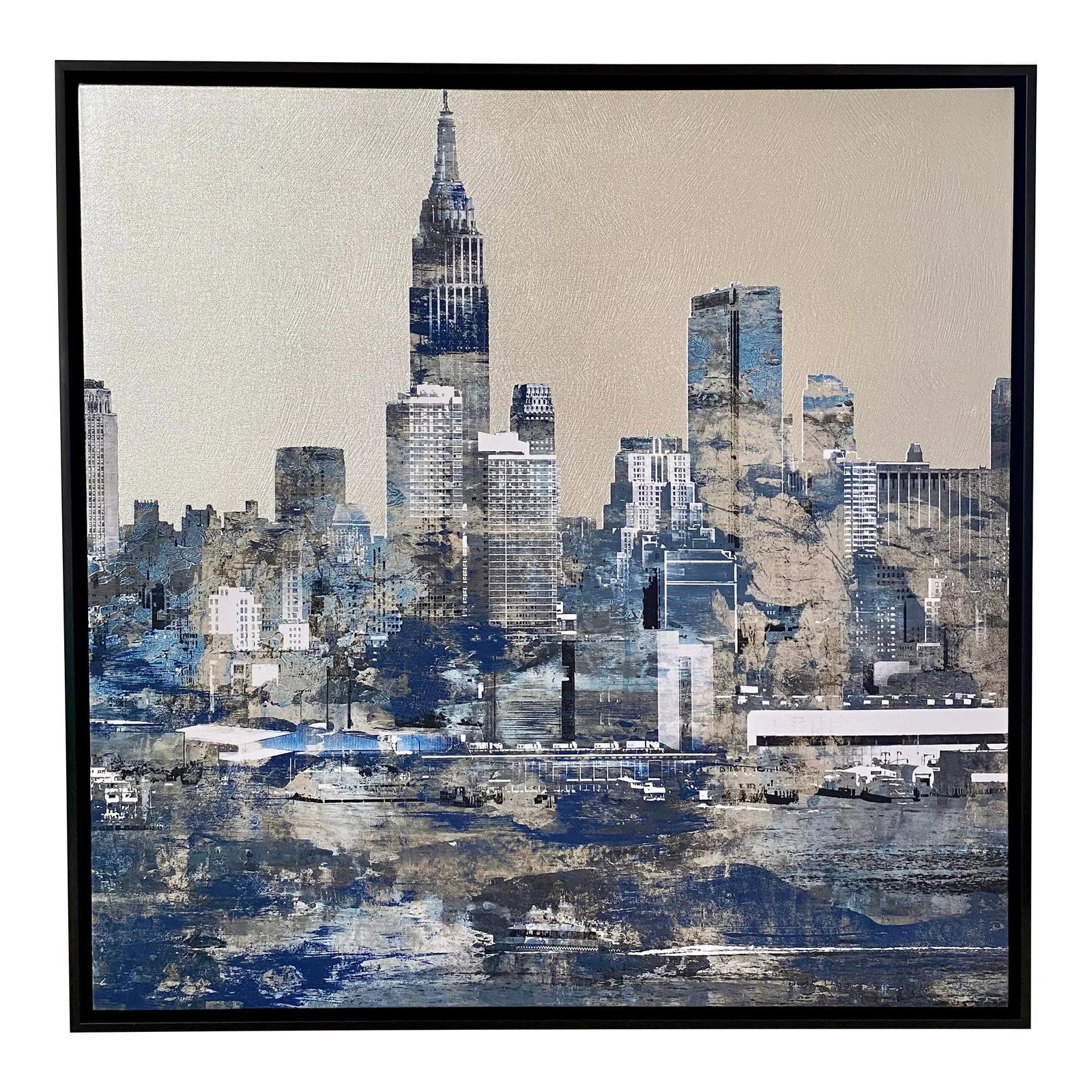 New York City Cityscape Wall Art Painting by Sonia Noir: Modern strectched canvas Giclee framed artwork by Los Angeles based artist Sonia Noir. This square art piece features blue tones with metallic silver accents and is framed in a modern black floating