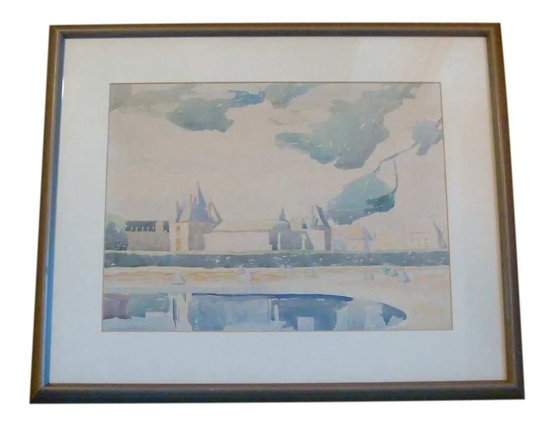 Vintage French Landscape Watercolor Painting Country Chateau: Midcentury abstracted watercolor painting of a French castle done in soft shades of blue, green, gray, purple, and tan. A reflecting pond, a fountain, manicured hedges, and a sweeping tree complete
