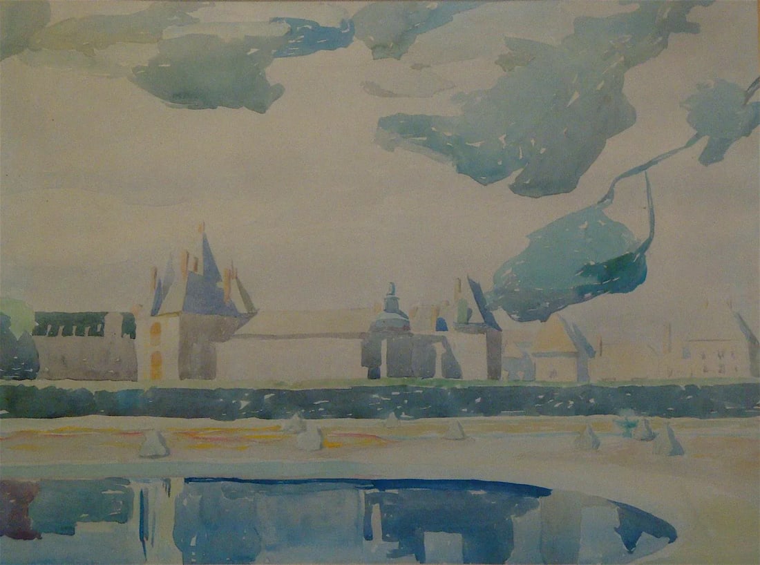 Vintage French Landscape Watercolor Painting Country Chateau - 2