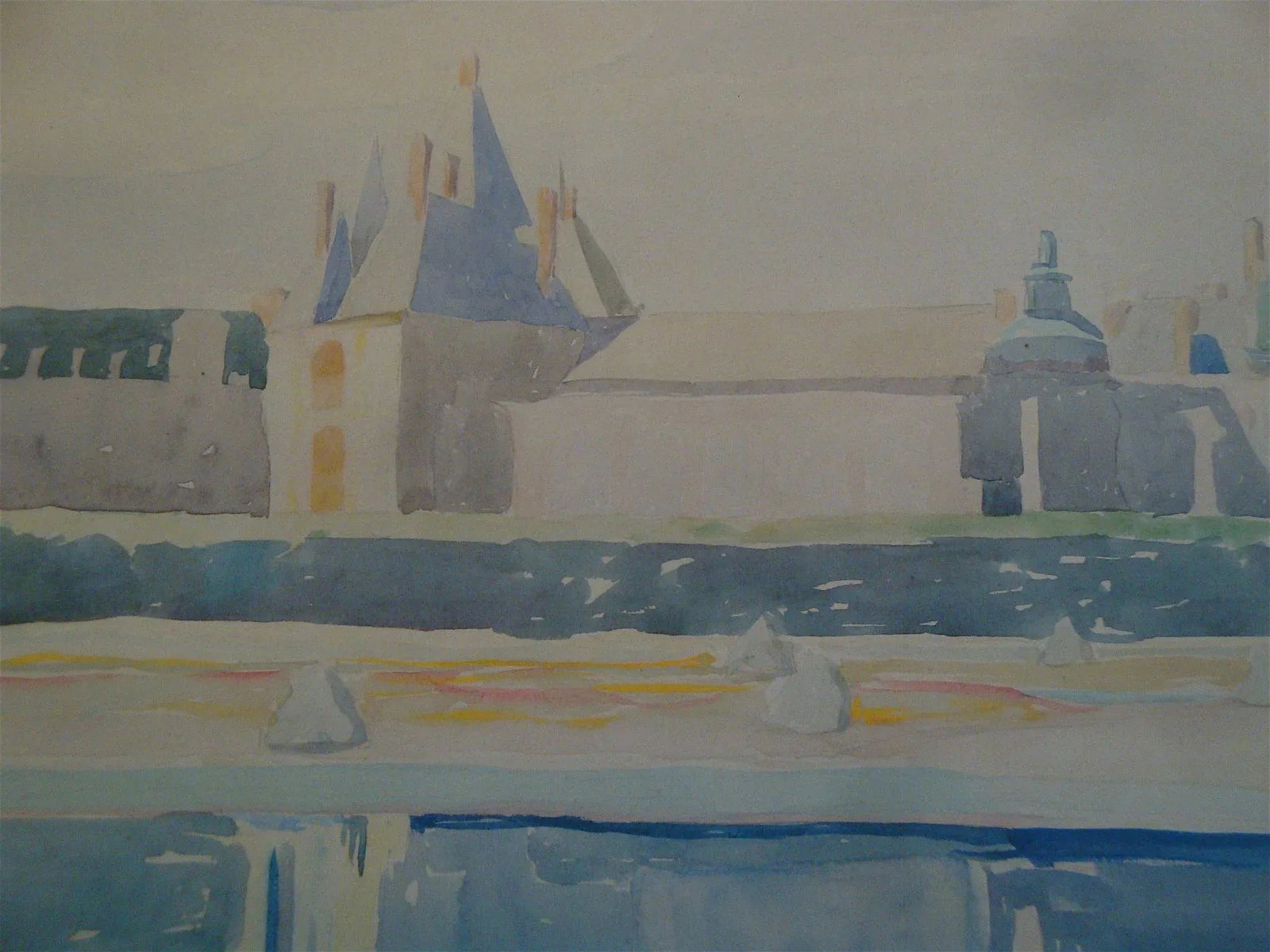 Vintage French Landscape Watercolor Painting Country Chateau - 3
