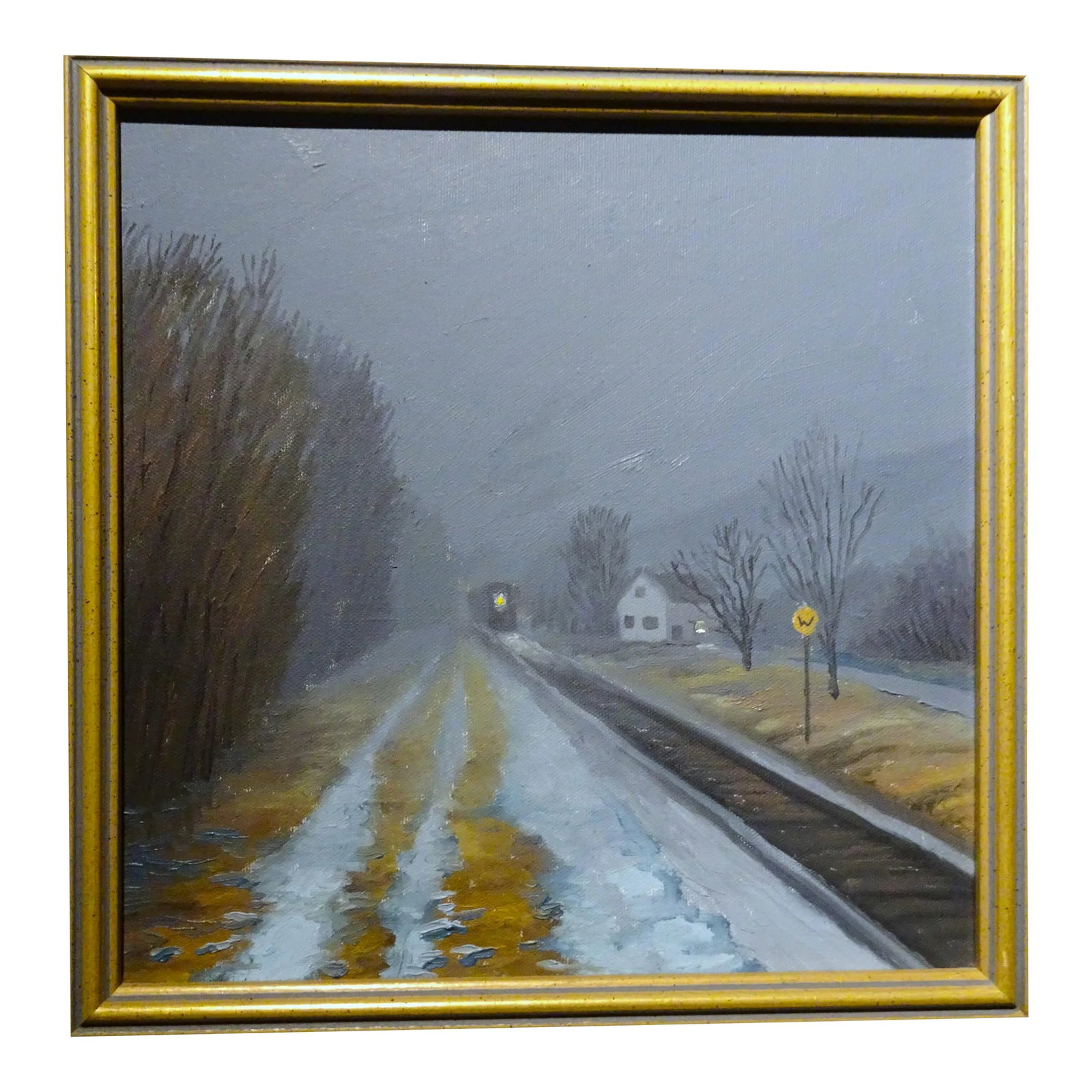 November Whistle, Oil Paint on Canvas by Clay Kanzler: This charming little oil painting on canvas by New Hampshire regional artist Clay Kanzler (b. 1952) depicts an evening by the train tracks with the light of a locomotive approaching from the distance.