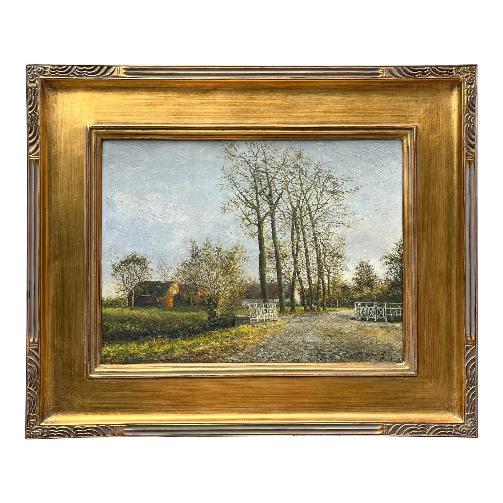 Vintage Dutch Landscape Oil Painting of a Farm and Trees by Van Neer: A beautiful original Dutch oil painting of a rural farm with trees by Van Neer. Oil on canvas signed lower right and dated 1986. Presented framed in a quality contemporary gallery frame. Canvas size