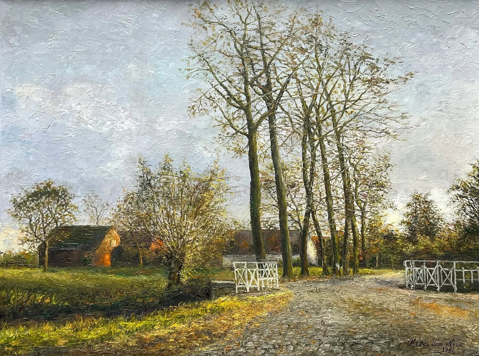 Vintage Dutch Landscape Oil Painting of a Farm and Trees by Van Neer - 2