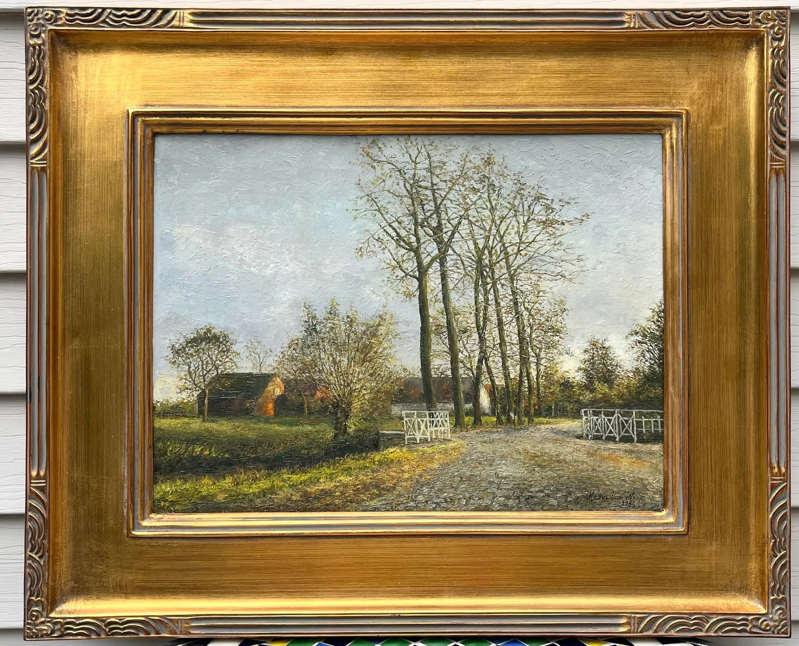 Vintage Dutch Landscape Oil Painting of a Farm and Trees by Van Neer - 8