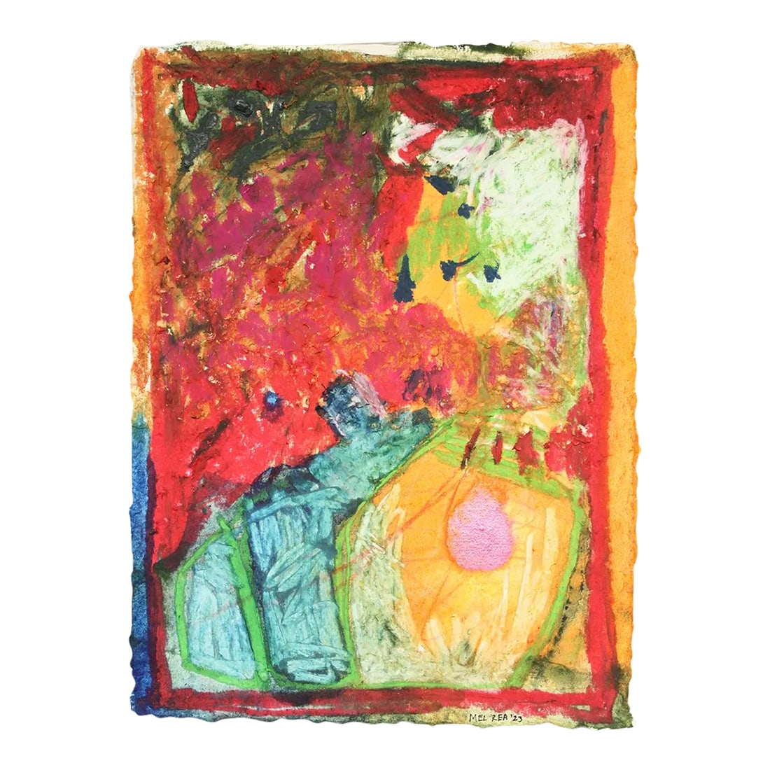Secrete #2 Original Abstract Expressionist Painting by Mel Rea: Drawing title - Secrete #2 :: 15.25"x11.25" :: (frame not included) :: mixed media on paper :: 2023 :: Artist - Mel Rea "I paint to create a momentary window of stillness: evoking calm, humor, and bea