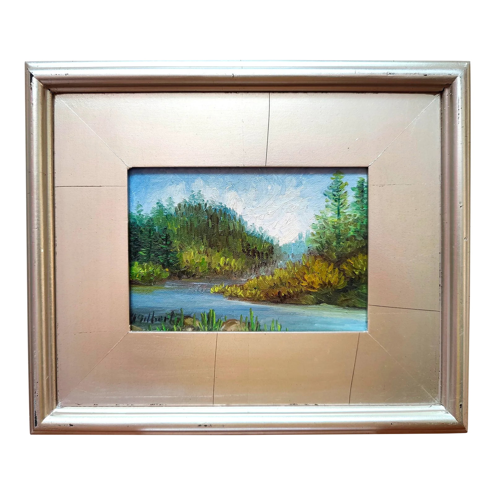 Impressionist Landscape River and Forest Oil Painting Silver Wood Frame 5x7: This is a small, charming impressionist landscape of a forested river. It is oil on board and it's signed Gilbert. It is framed in a new, very solid, silver wood frame. It has a nice colorful set of