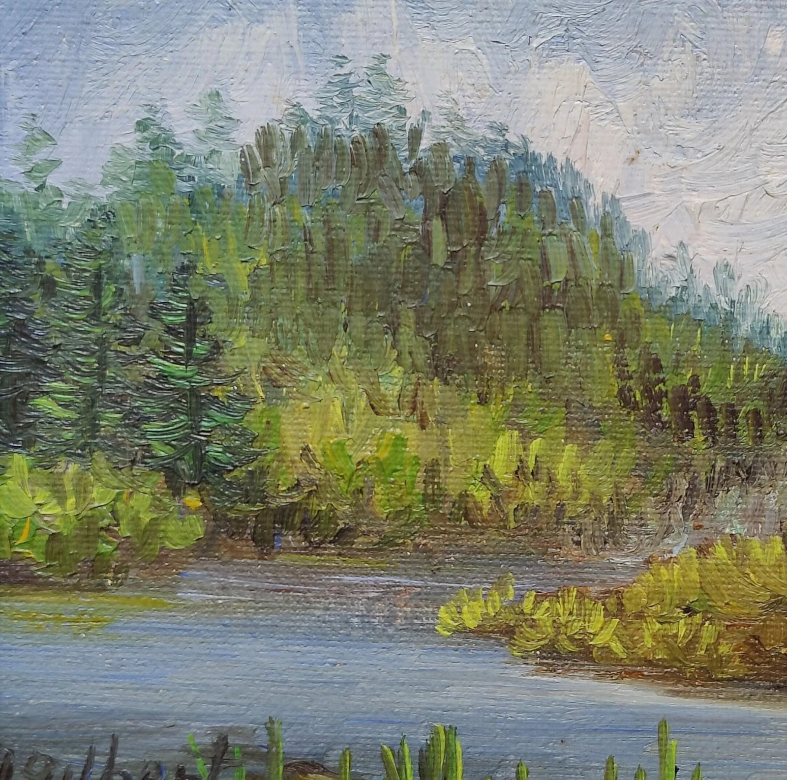 Impressionist Landscape River and Forest Oil Painting Silver Wood Frame 5x7 - 2
