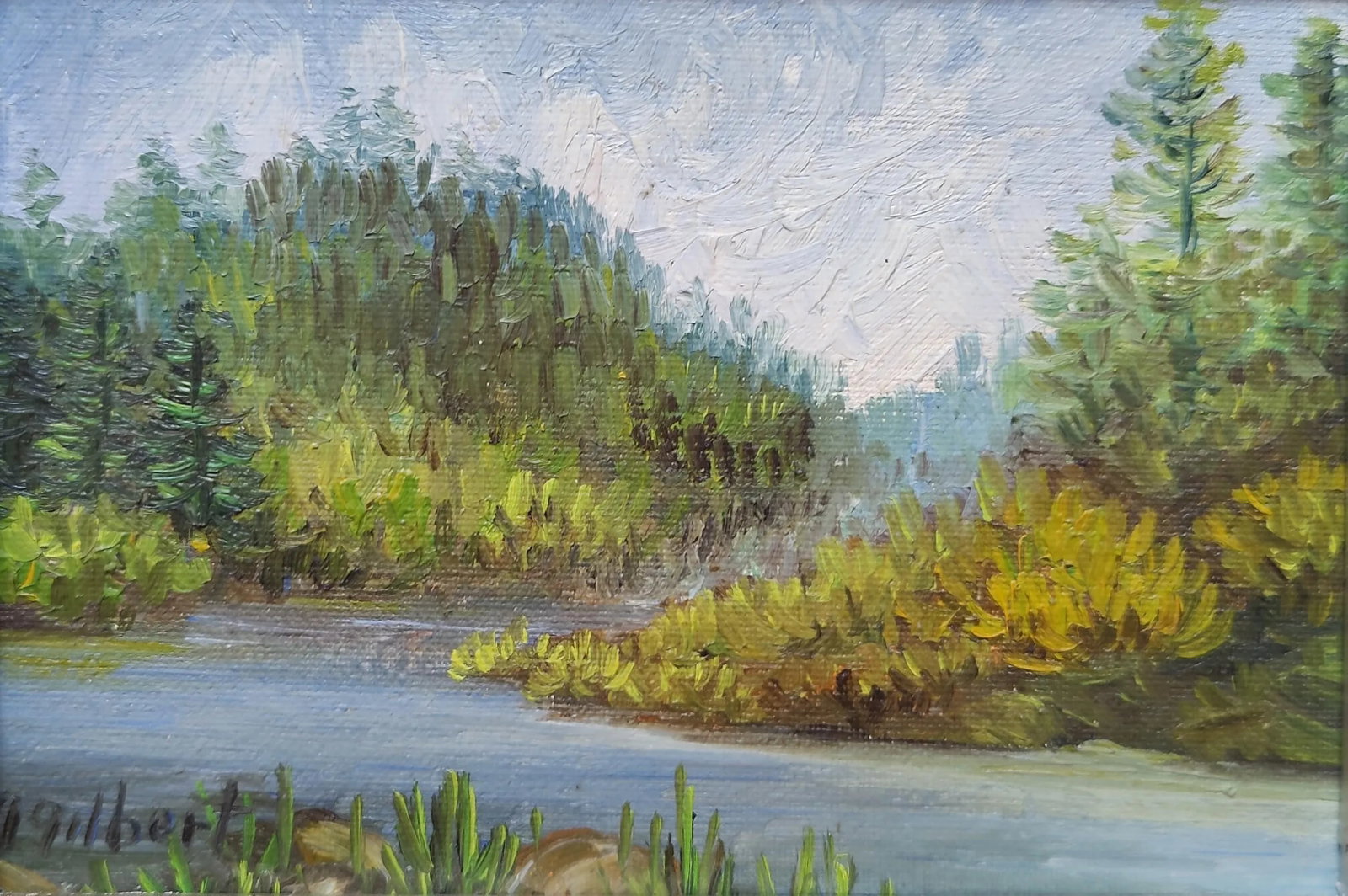 Impressionist Landscape River and Forest Oil Painting Silver Wood Frame 5x7 - 3