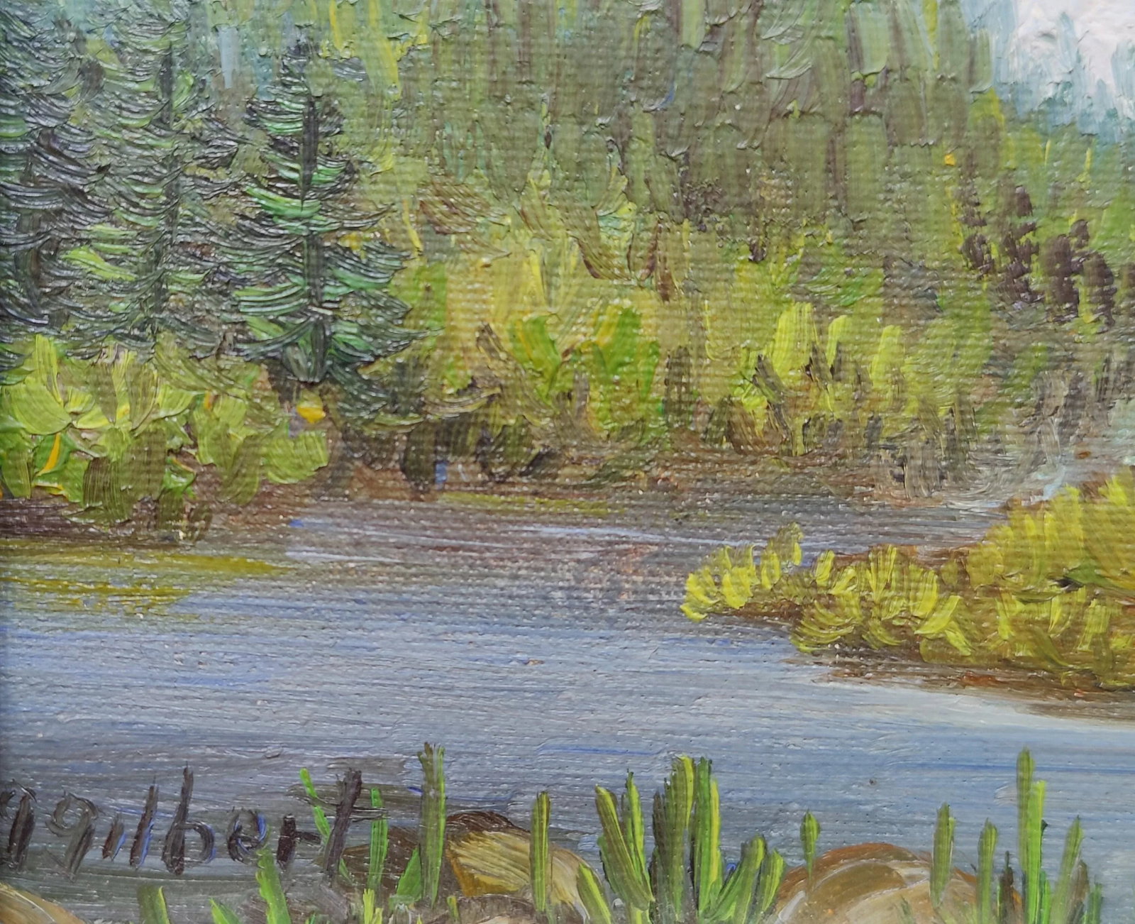 Impressionist Landscape River and Forest Oil Painting Silver Wood Frame 5x7 - 4