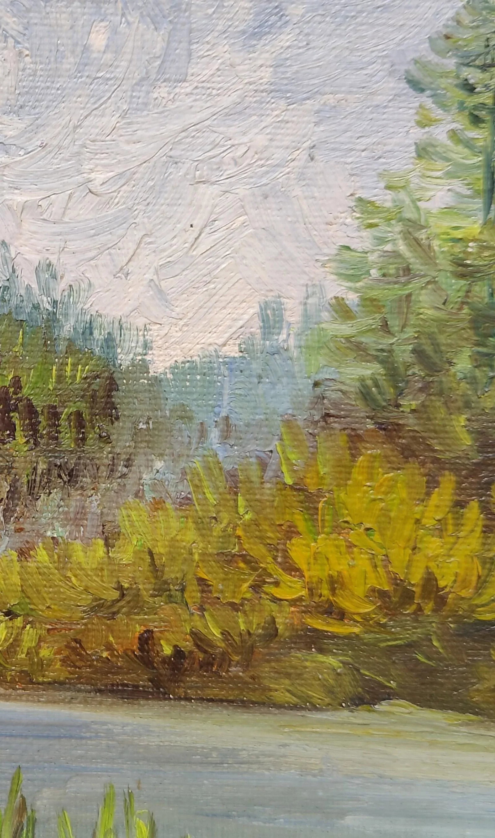 Impressionist Landscape River and Forest Oil Painting Silver Wood Frame 5x7 - 5