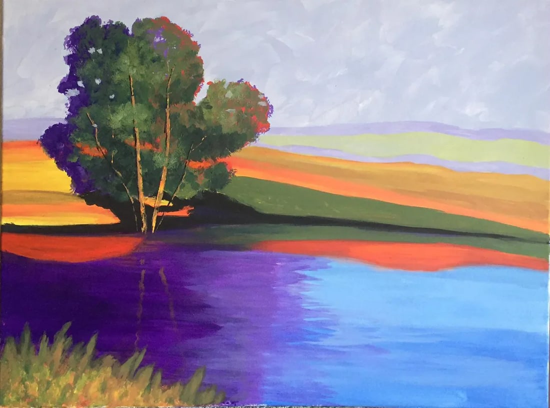 One Tree Acrylic Painting: I love painting landscapes with bold, bright, happy colors. This piece is painted from a picture I took in Arizona while hiking. Painted by Shawn Phalen, artist. Condition: Imperfections: No