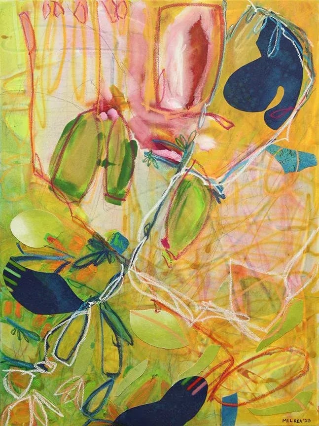 A Most Unusual Plan Original Abstract Expressionist Painting by Mel Rea: Painting title :: A Most Unusual Plan :: 40"x30" :: mixed media collage on canvas :: Painting by Mel Rea in 2023 "I paint to create a momentary window of stillness: evoking calm, humor, and beauty.