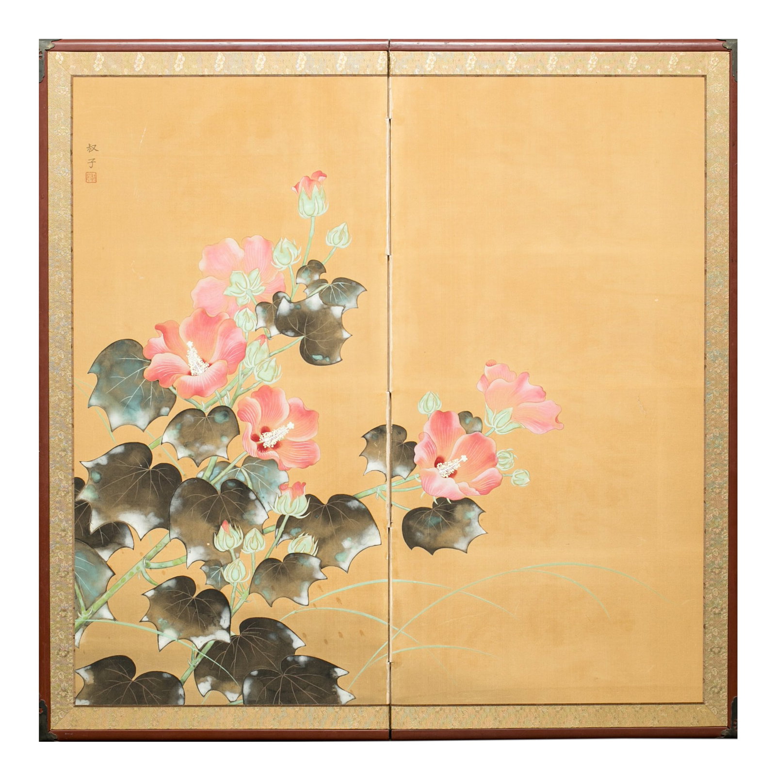 Early 20th Century Vintage Japanese Hibiscus Flowers Two Panel Screen: Japanese Two Panel Screen: a lovely Japanese painting of Hibiscus Flowers. Mineral pigments on mulberry paper. Painted c.1910 Condition: Alterations: Original Condition Unaltered Imperfections: Some