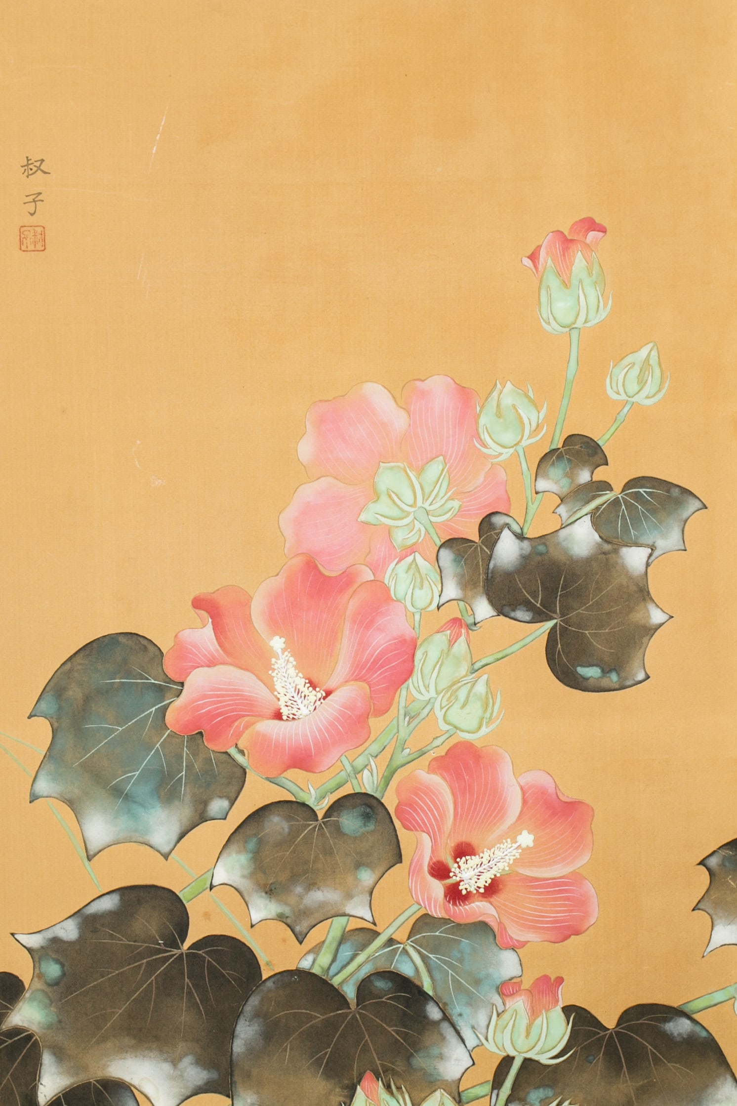 Early 20th Century Vintage Japanese Hibiscus Flowers Two Panel Screen - 2