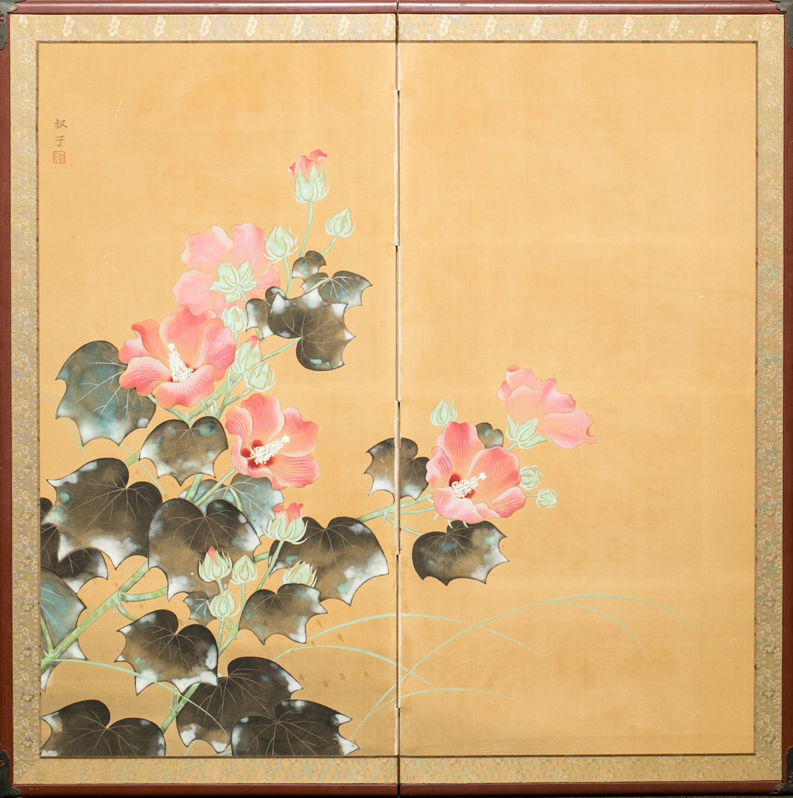 Early 20th Century Vintage Japanese Hibiscus Flowers Two Panel Screen - 3